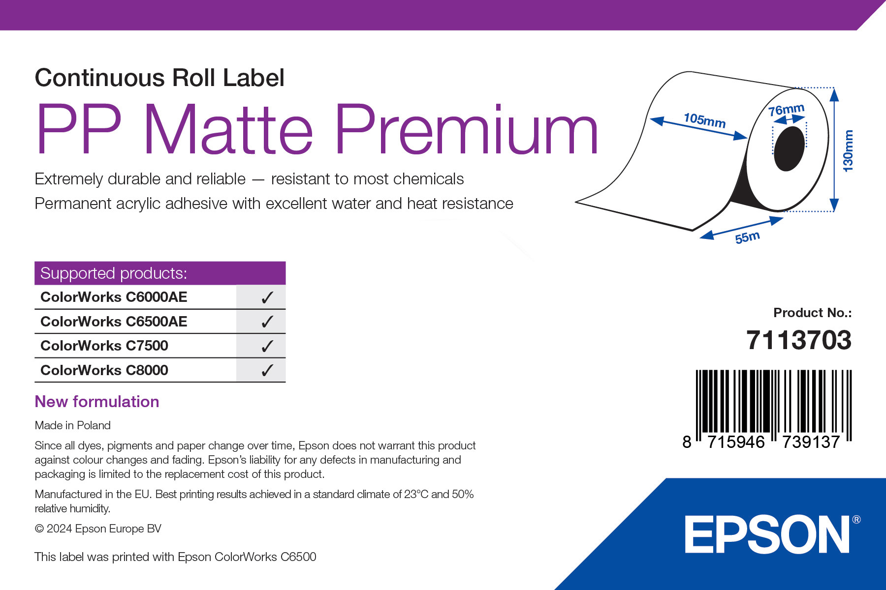 Epson PP Matte Premium folytonos címketekercs 105mm*55fm