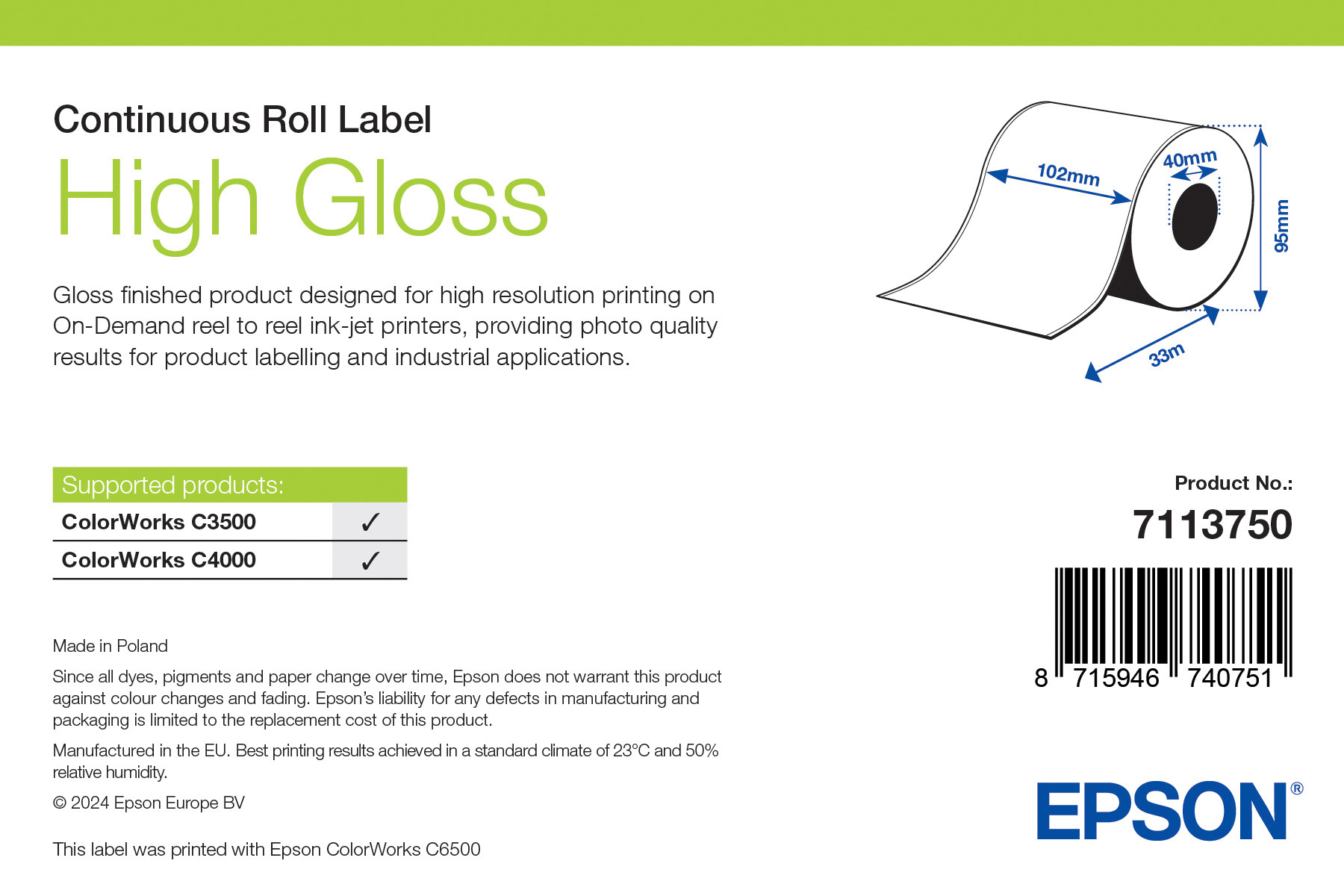 Epson High Gloss folytonos címketekercs 102mm*33fm