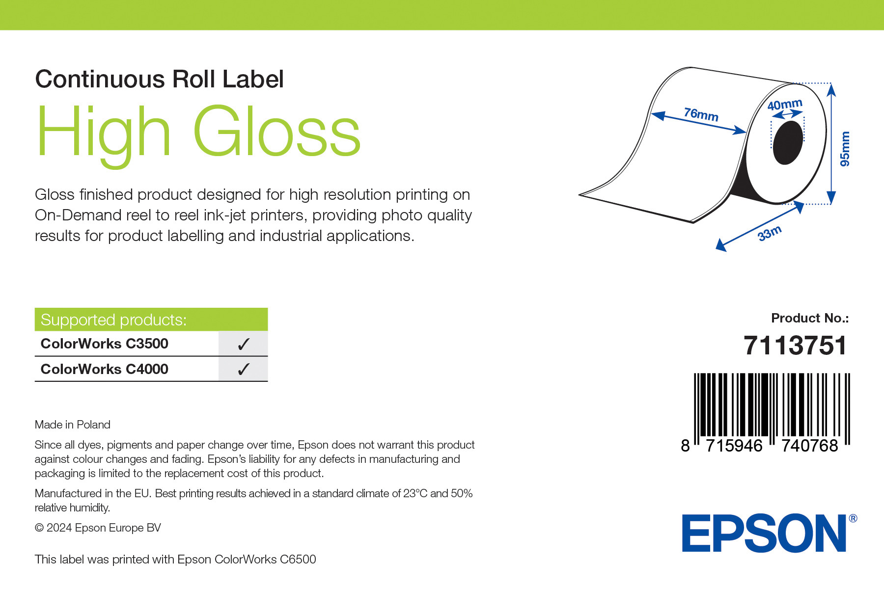 Epson High Gloss folytonos címketekercs 76mm*33fm