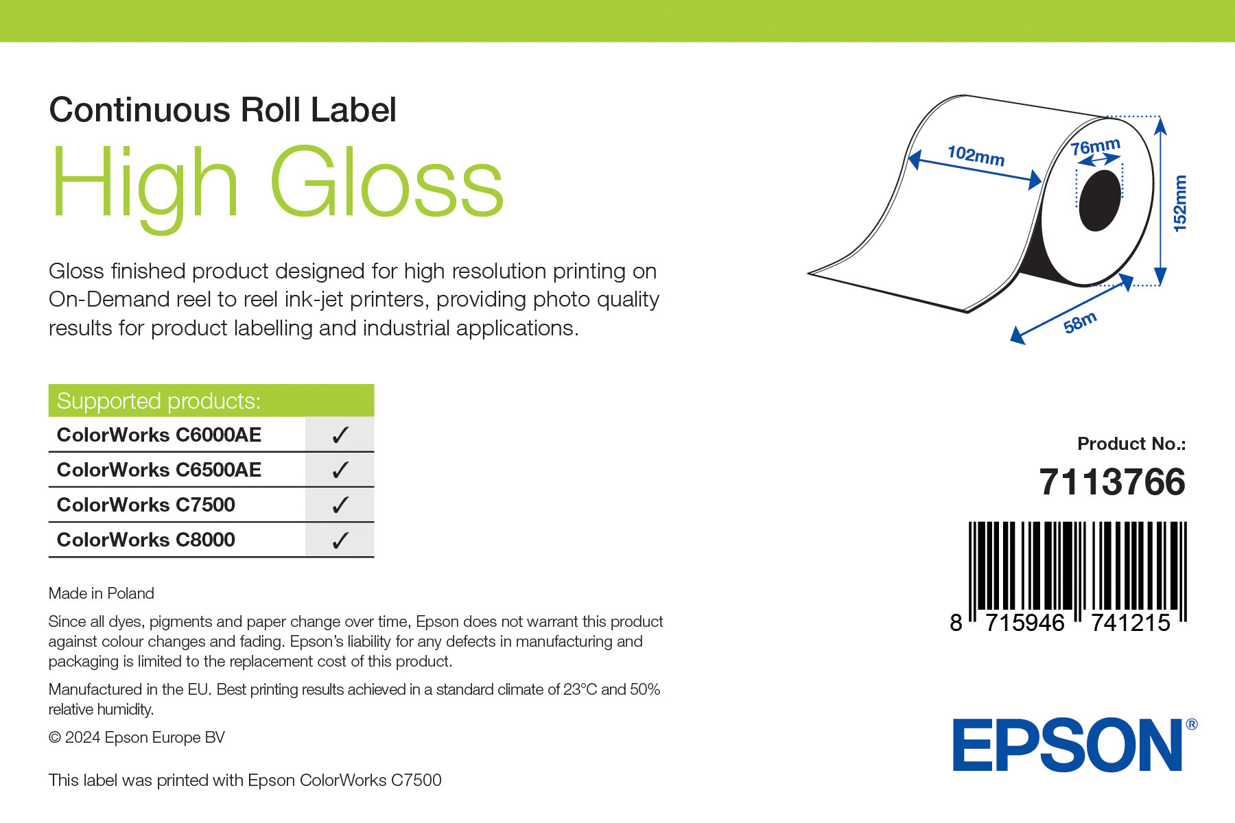 Epson High Gloss folytonos címketekercs 102mm*60fm