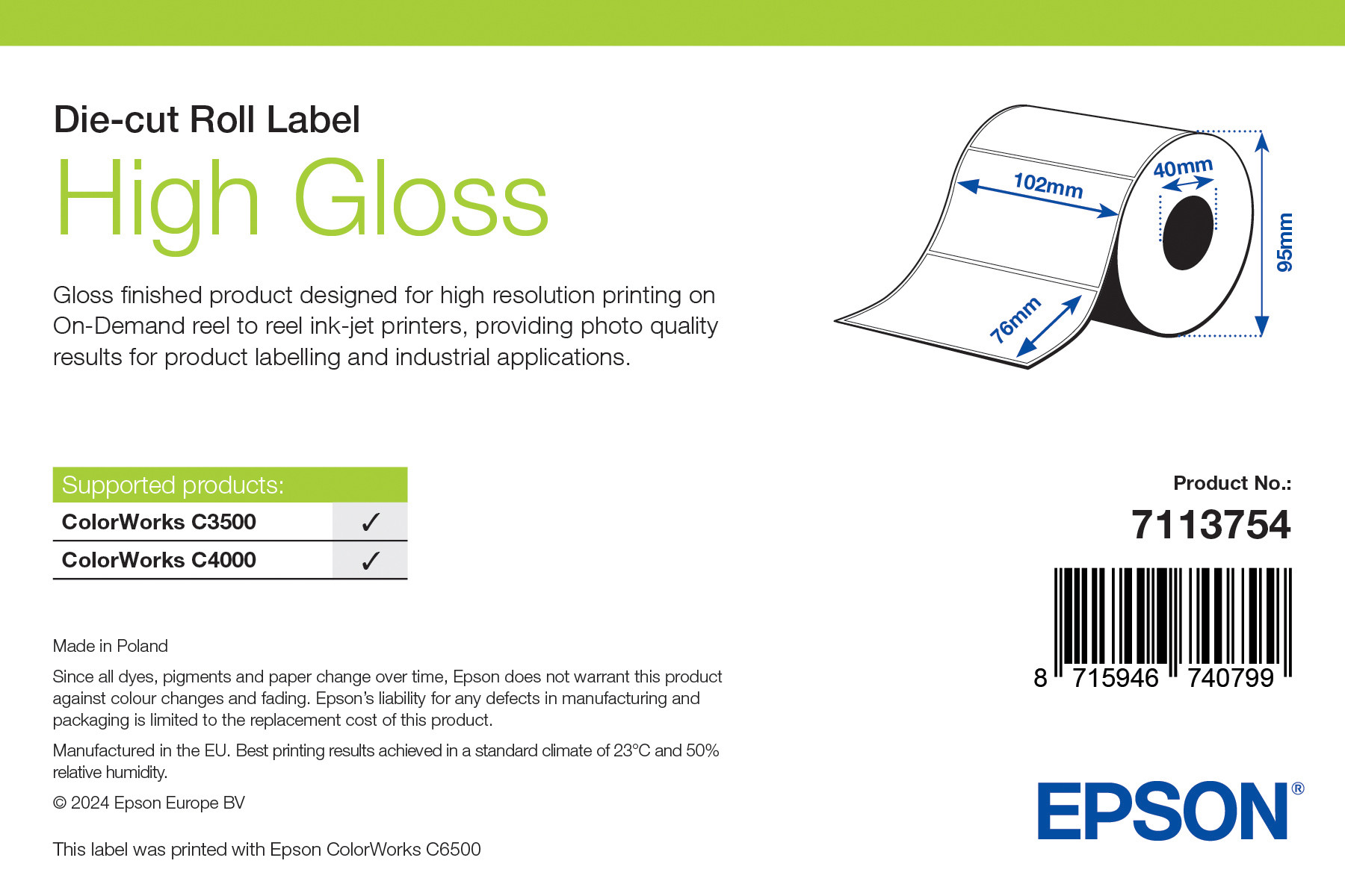 Epson High Gloss címke 102mm*76mm, 415 címke/tekercs