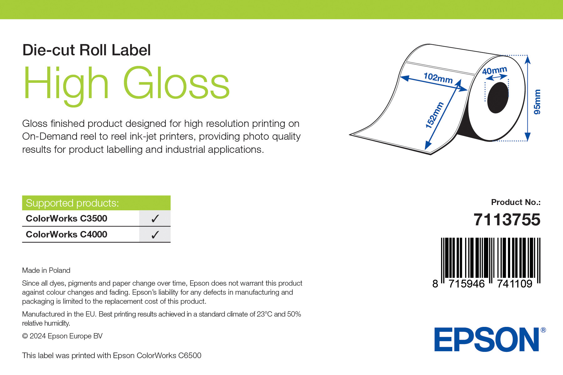 Epson High Gloss címke 102mm*152mm, 210 címke/tekercs