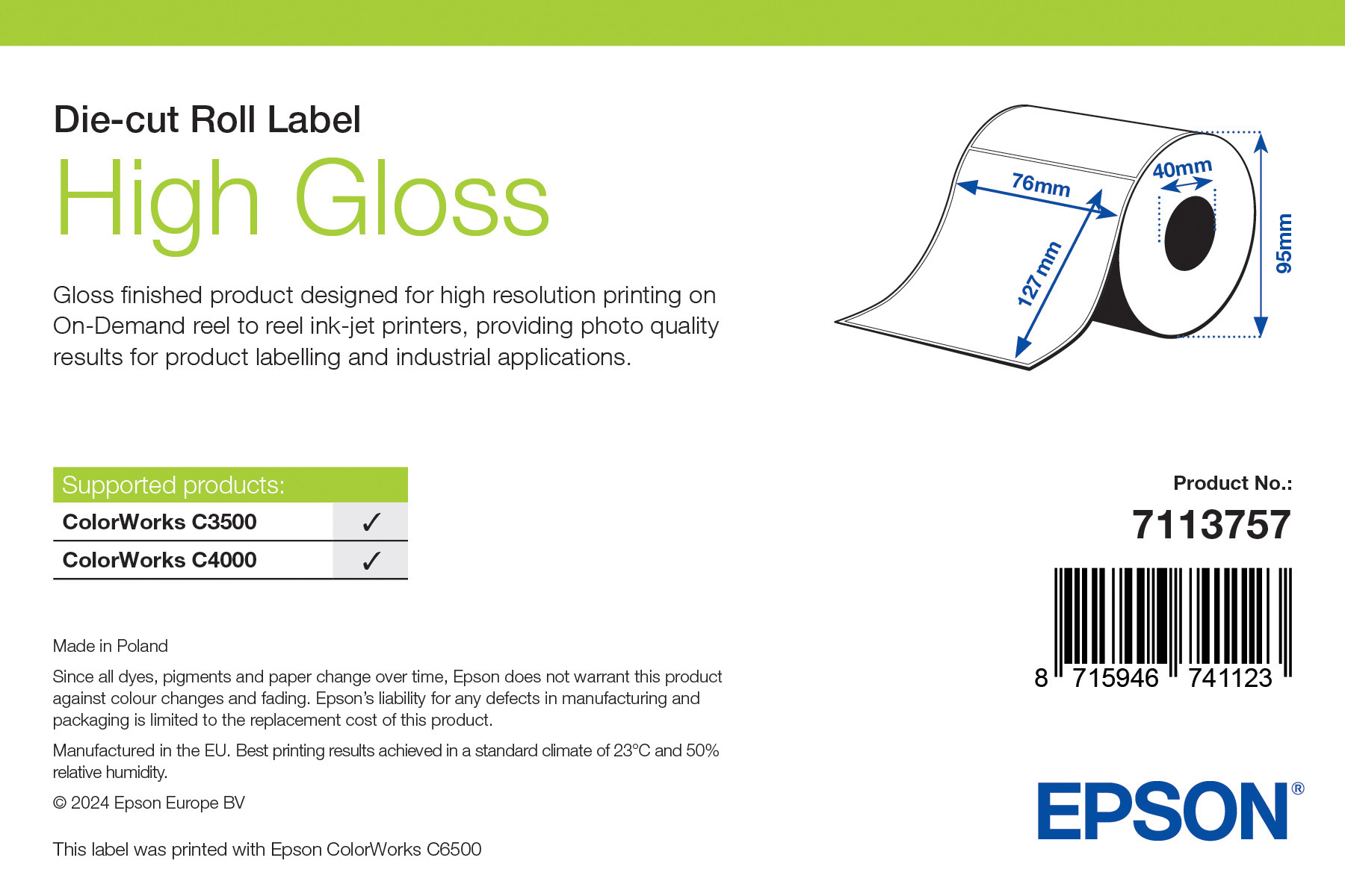 Epson High Gloss címke 76mm*127mm, 250 címke/tekercs