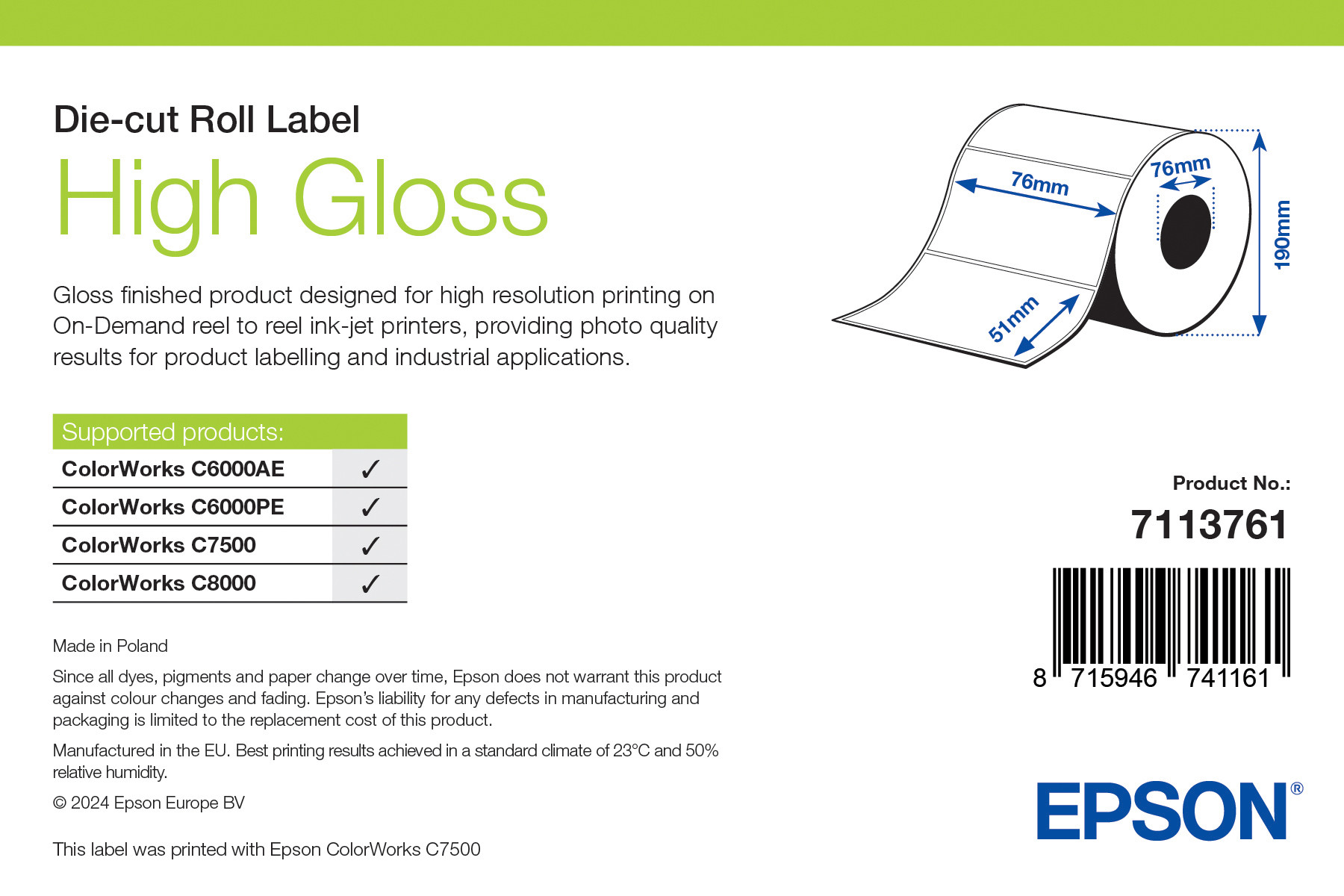 Epson High Gloss címke 76mm*51mm, 2310 címke/tekercs