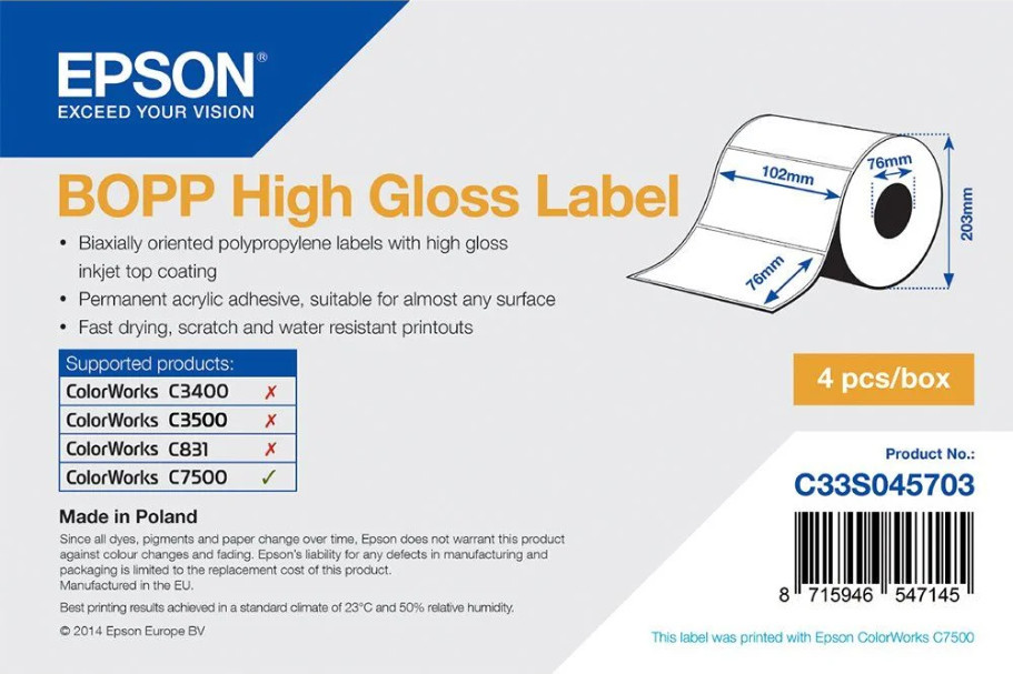 Epson BOPP High Gloss címke 102mm*76mm, 1890 címke/tekercs
