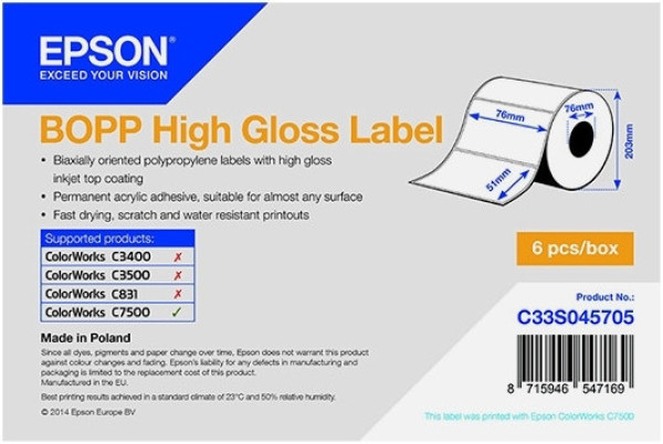 Epson BOPP High Gloss címke 76mm*51mm, 2770 címke/tekercs