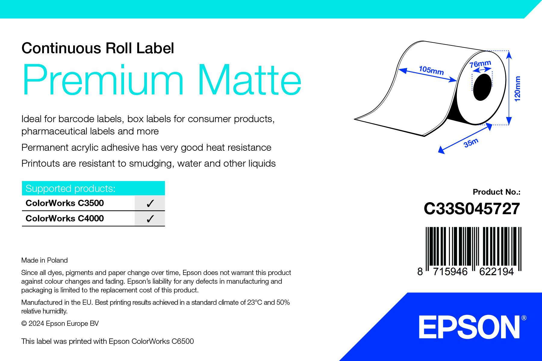 Epson Premium Matte folytonos címketekercs 105mm*35fm