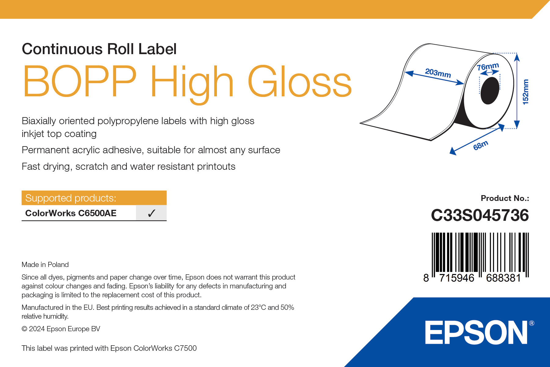 Epson BOPP High Gloss folytonos címketekercs 203mm*68fm