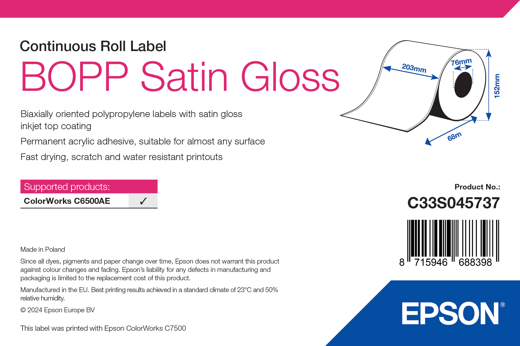 Epson BOPP Satin Gloss folytonos címketekercs 203mm*68fm