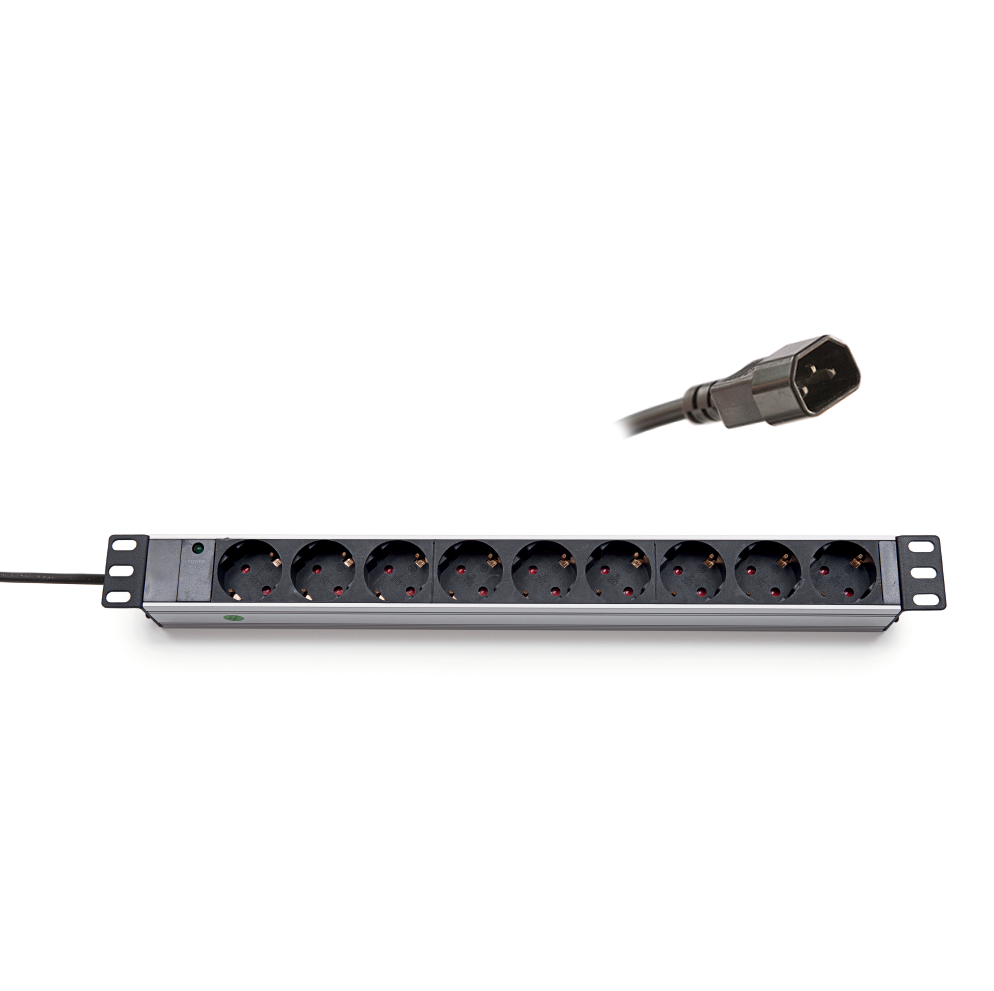 KELINE 620S09U 19"" 1U 9x250V Schuko aljzat C14 csatlakozóval 2,3m kontrol LED-es elosztósor