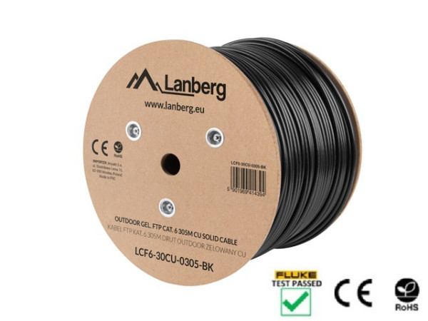 Lanberg LCF6-30CU-0305-BK Cat.6 F/UTP PE+PVC Fca 250MHz AWG23 305m árnyékolt zselés fekete kültéri kábel