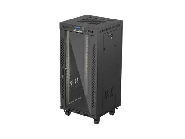 Lanberg FF01-6624-12BL 19" 24U SZÉL:600mm MÉLY:600mm MAG:1320mm lapraszerelt LCD üvegajtós fekete álló rack szekrény