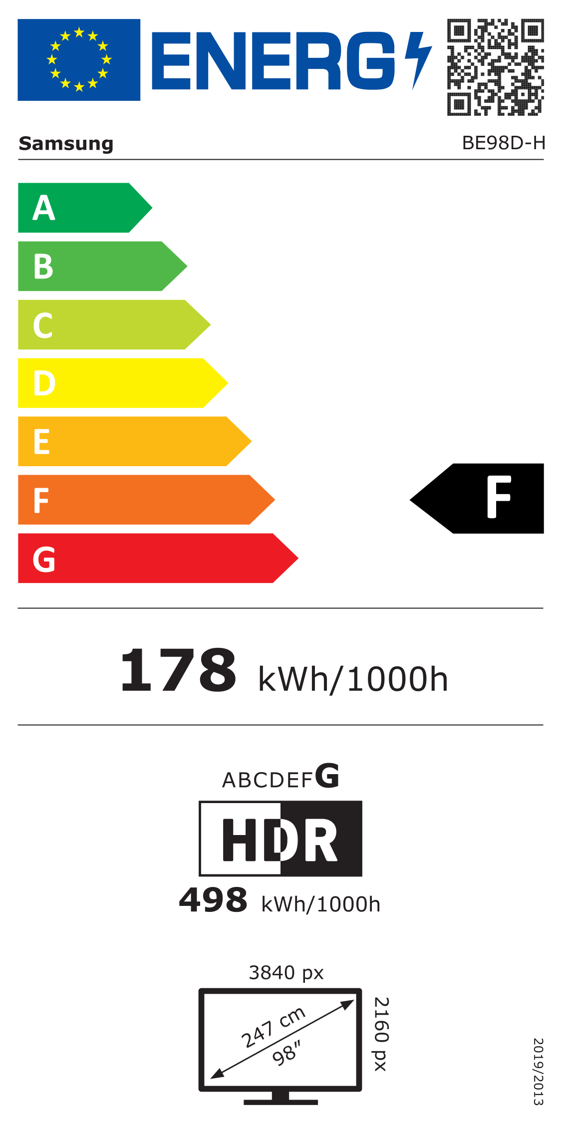 Energiacímke – Samsung 98 Business TV kijelző 98" BE98D-H 16/7 Tizen UHD 400, F osztály