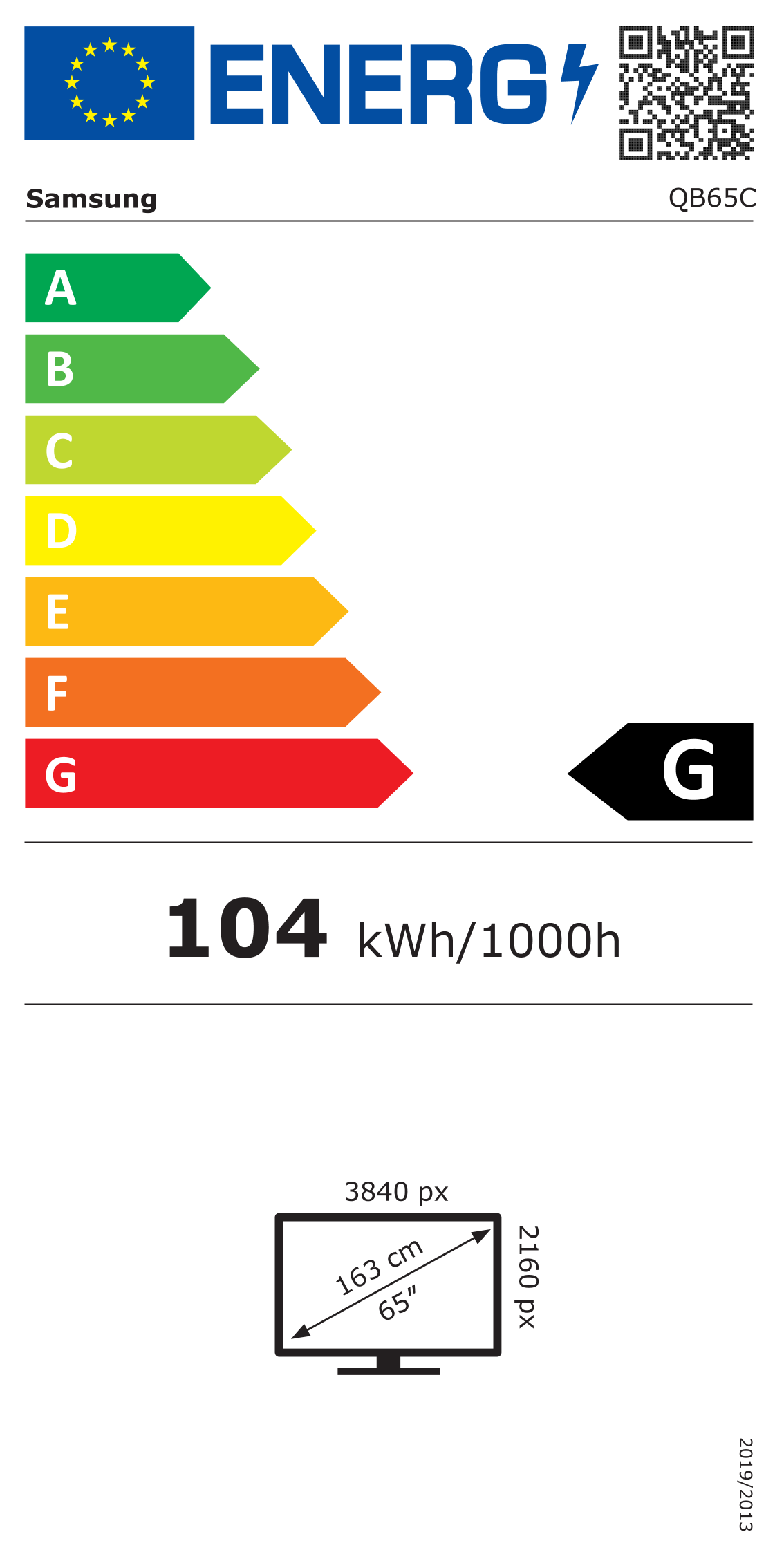 Energiacímke – Samsung 65" LFD kijelző QB65C 16/7 Tizen UHD 350, G osztály