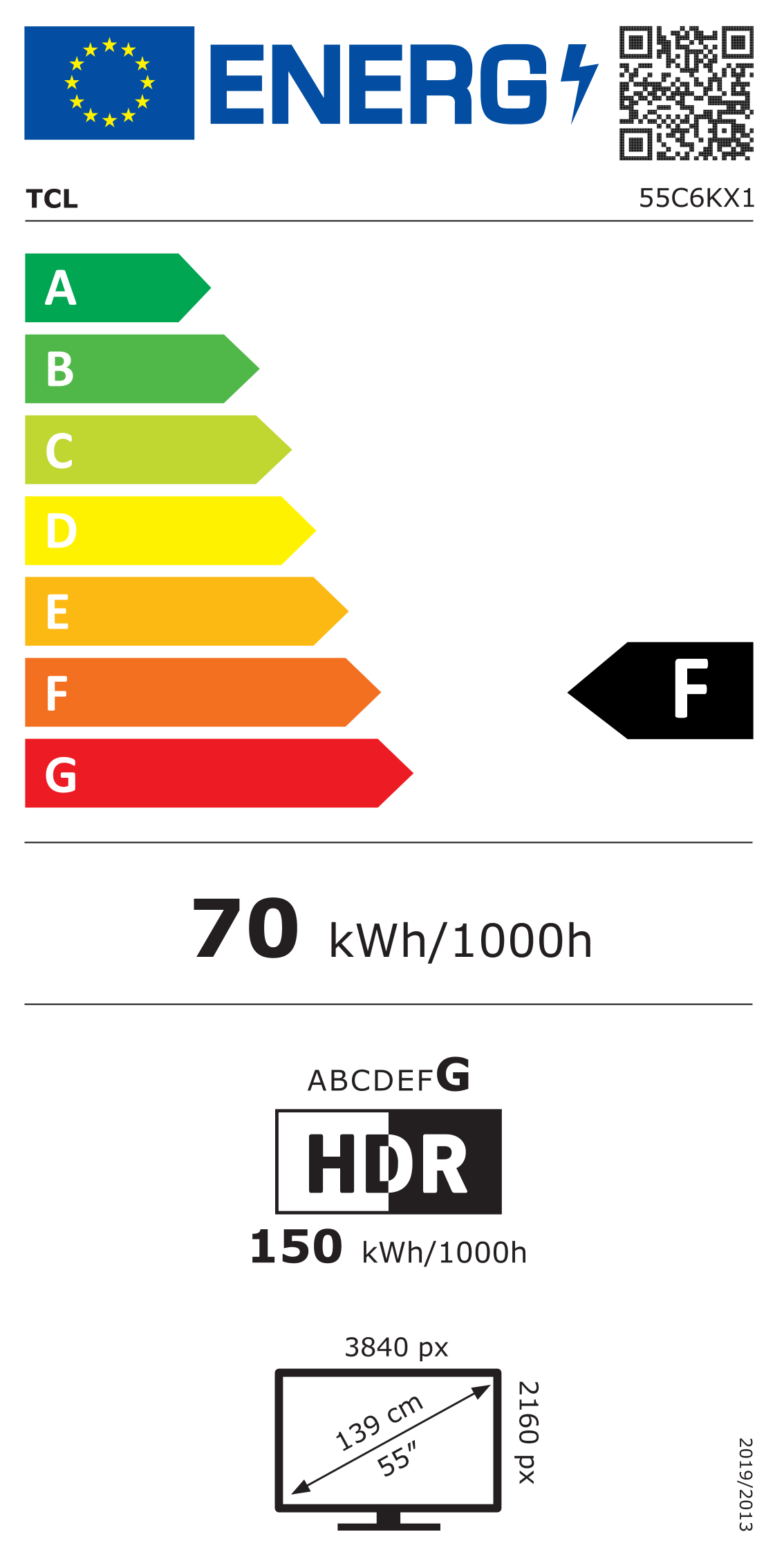 Energiacímke – TCL 55" 55C6K QD-MiniLED 139cm 4K Google TV, F osztály