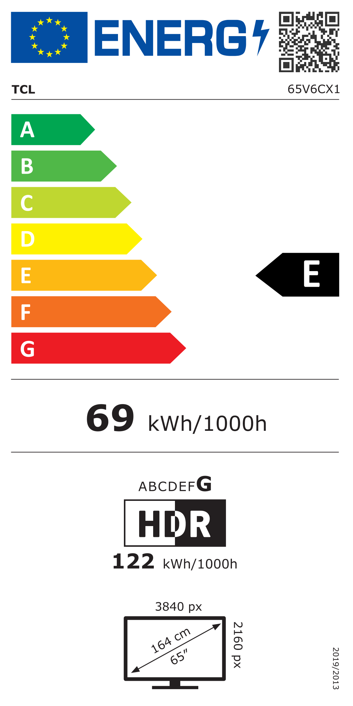Energiacímke – TCL 65" 65V6C LED 165cm 4K UHD Google TV, E osztály