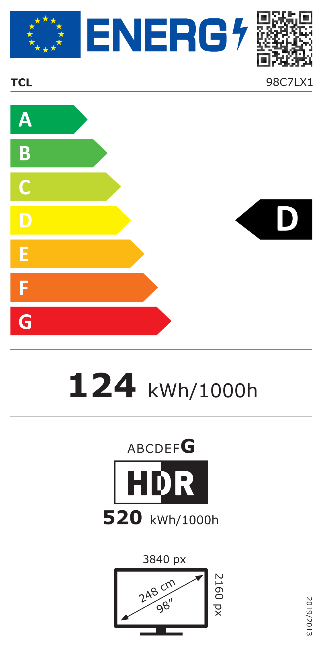 Energiacímke – TCL 98" 98C7L SQD-MiniLED 248cm 4K Google TV, D osztály