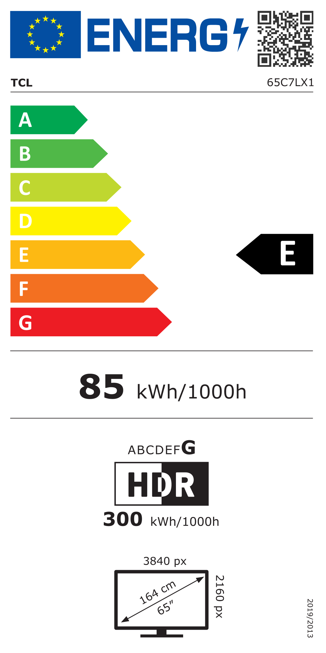 Energiacímke – TCL 65" 65C7L SQD-MiniLED 165cm 4K Google TV, E osztály