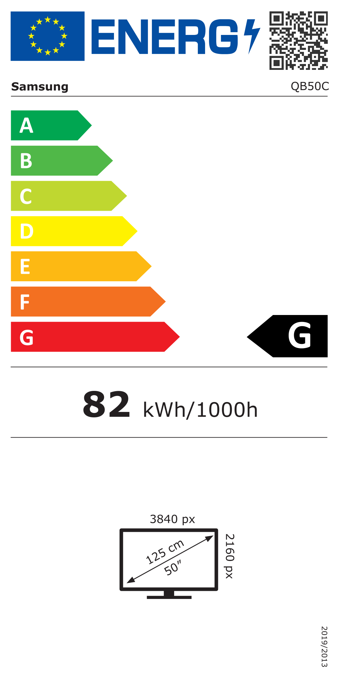 Energiacímke – Samsung 50" LFD kijelző QB50C 16/7 Tizen UHD 350, G osztály