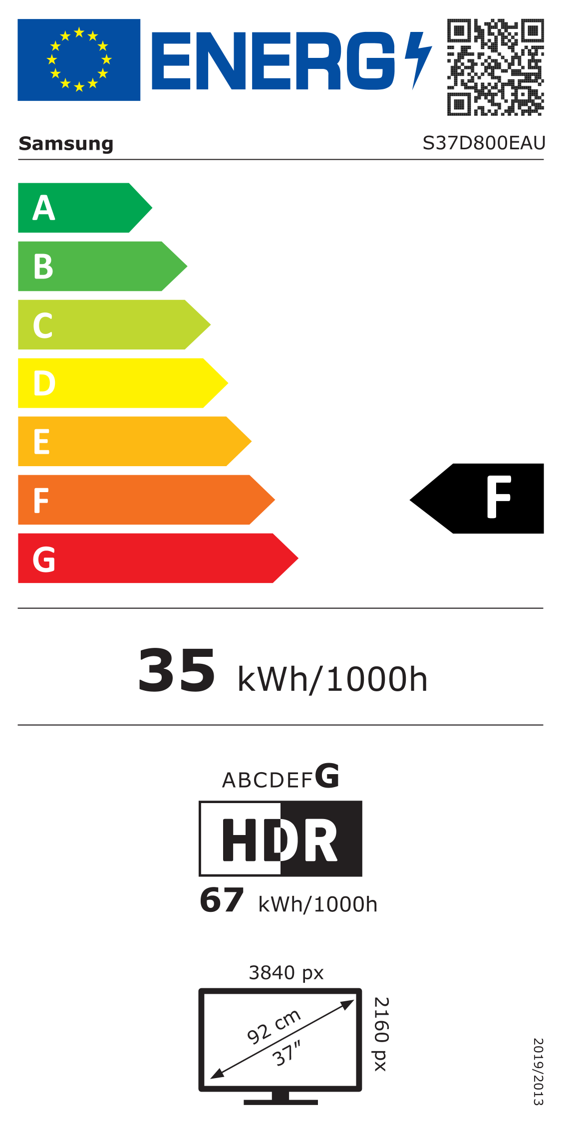 Energiacímke – SAMSUNG 37 LS37D800EAUXEN 16:9 UHD VA 5ms 60Hz DP+HDMI HAS monitor, F osztály
