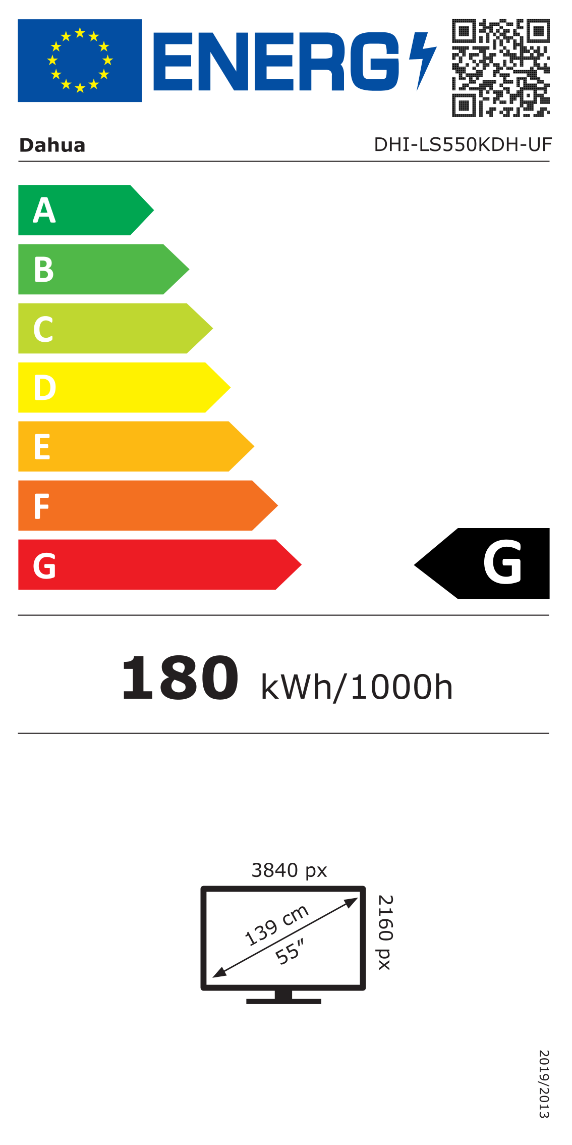 Energiacímke – Dahua Videofal kijelző 55" LS550KDH-UF, 24/7, UHD, 700, G osztály