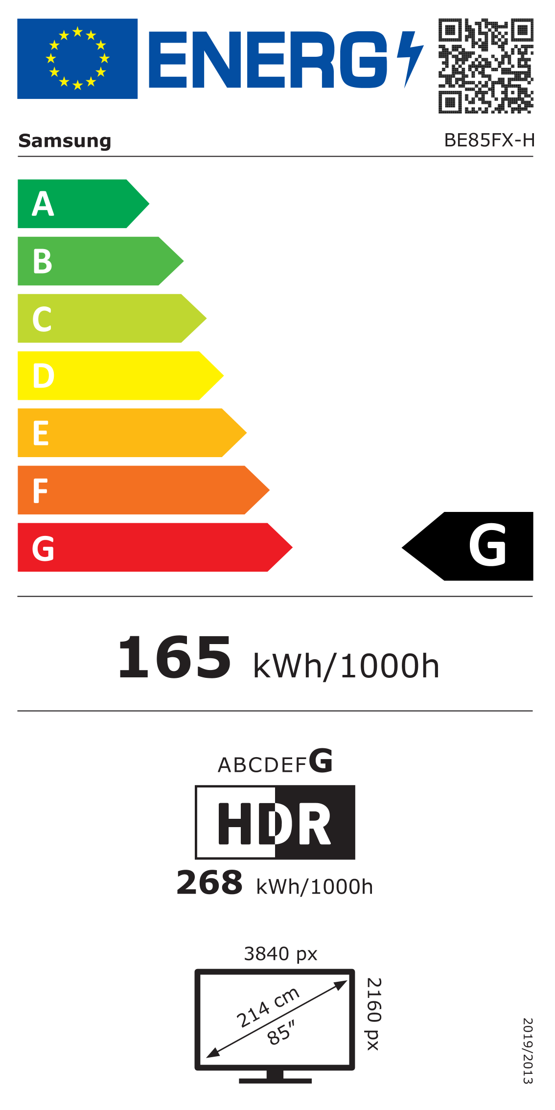 Energiacímke – Samsung 85" Business TV kijelző BE85FX-H 16/7 Tizen UHD 250, G osztály