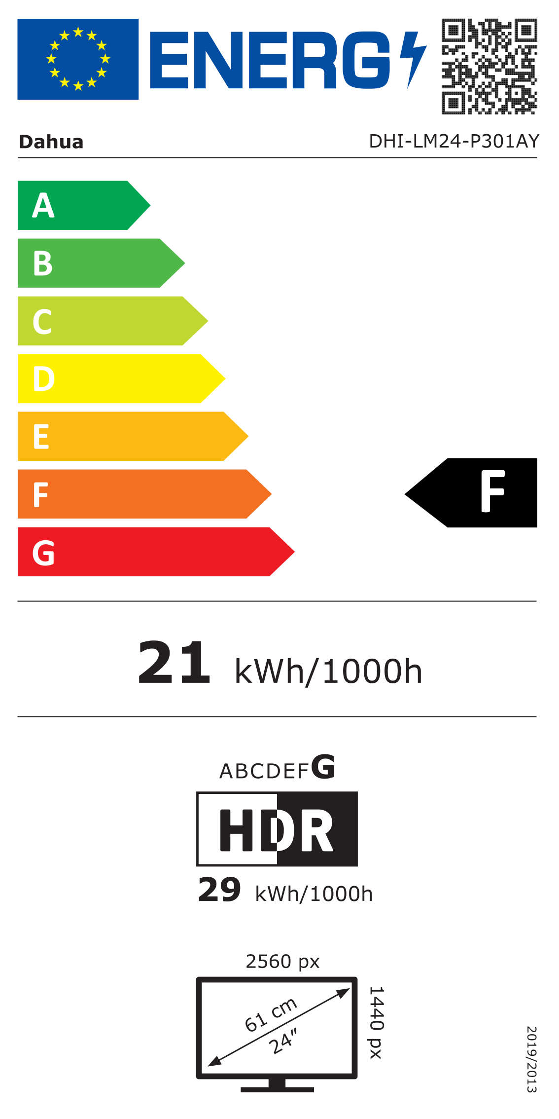 Energiacímke – Dahua 24 LM24-P301AY QHD IPS 1ms 100Hz DP+HDMI+USB-C PIVOT monitor, F osztály