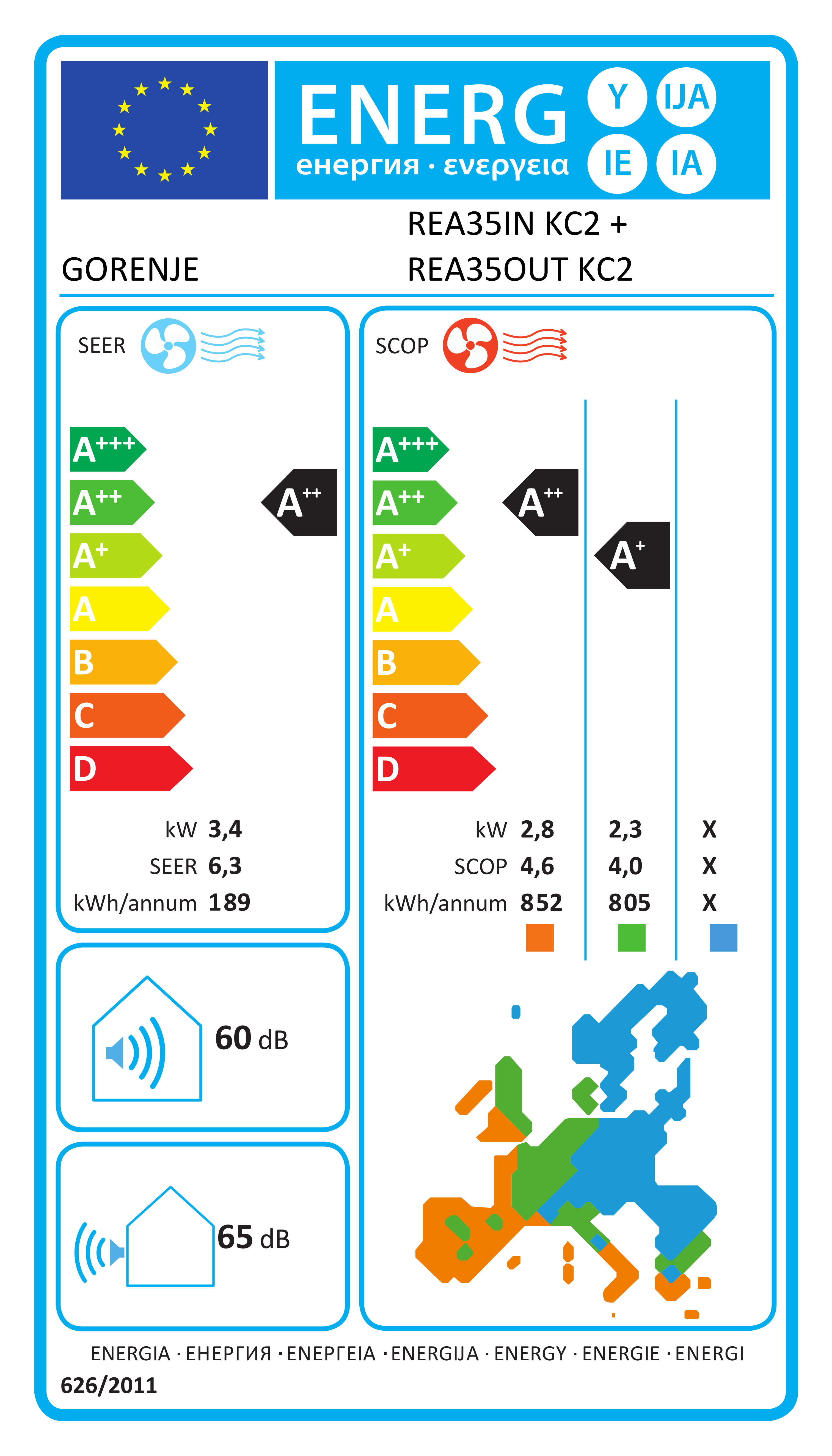 Energiacímke – Gorenje REA35IN / REA35OUT1 (REA35 KC) split klíma szett 3,5 kW WiFi+Tálcafűtés, A++ osztály
