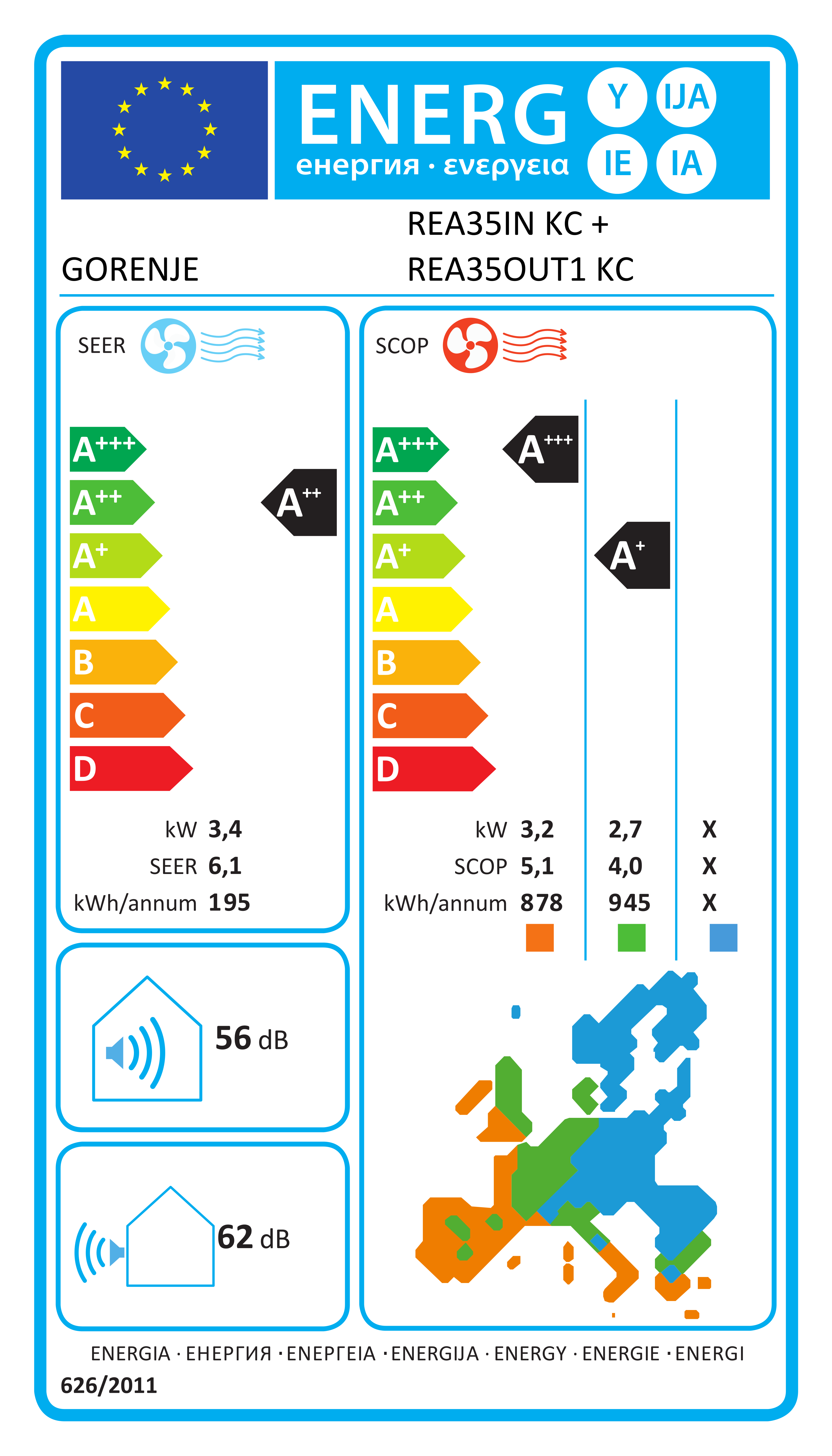 Energiacímke – GORENJE REA klíma szett 3,5kW Plus Wifi+Tálcafűtés, A++ osztály
