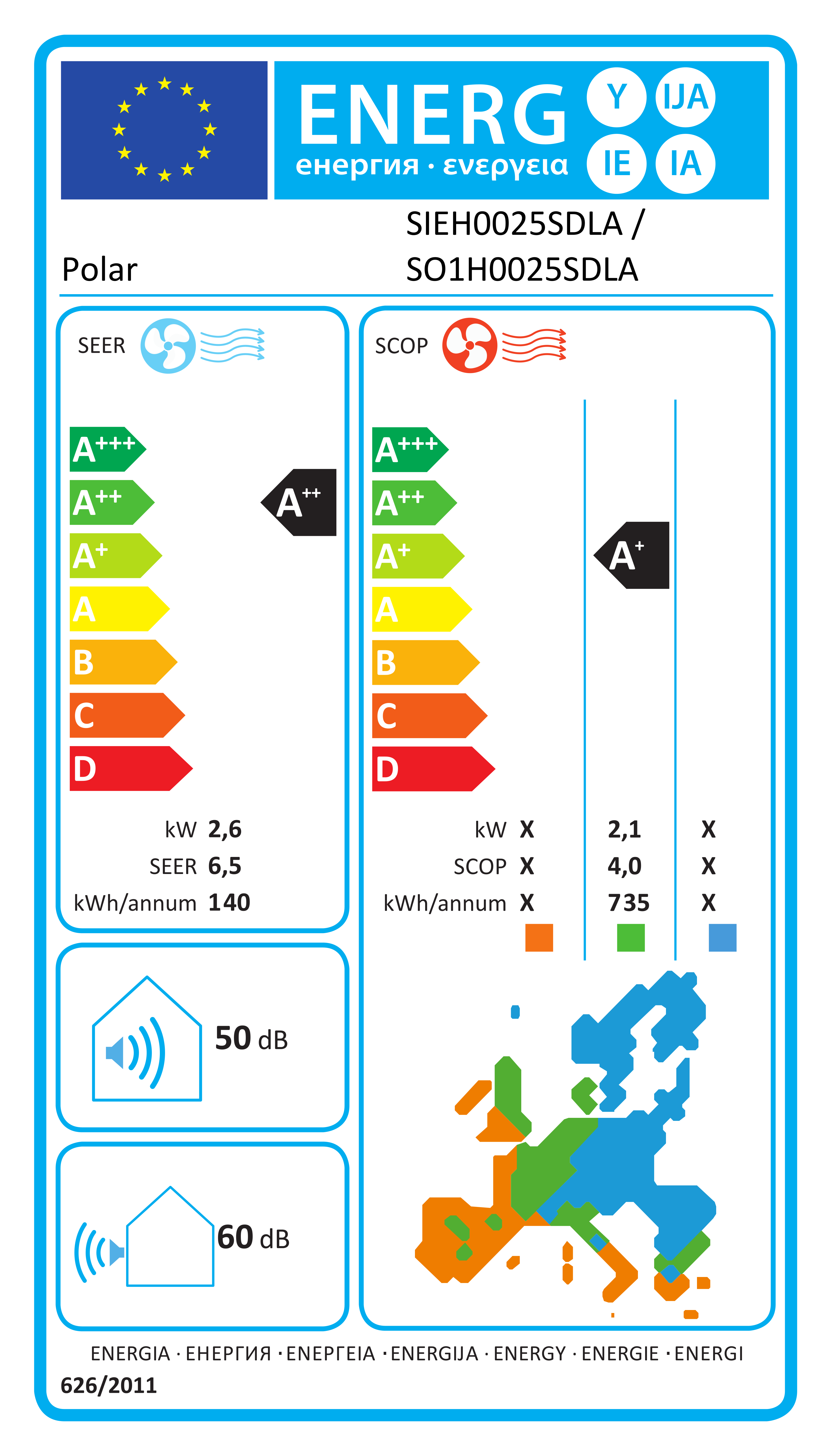 Energiacímke – Polar SIEH0025SDLA / SO1H0025SDLA Lite split klíma szett 2,5 kW, A++ osztály