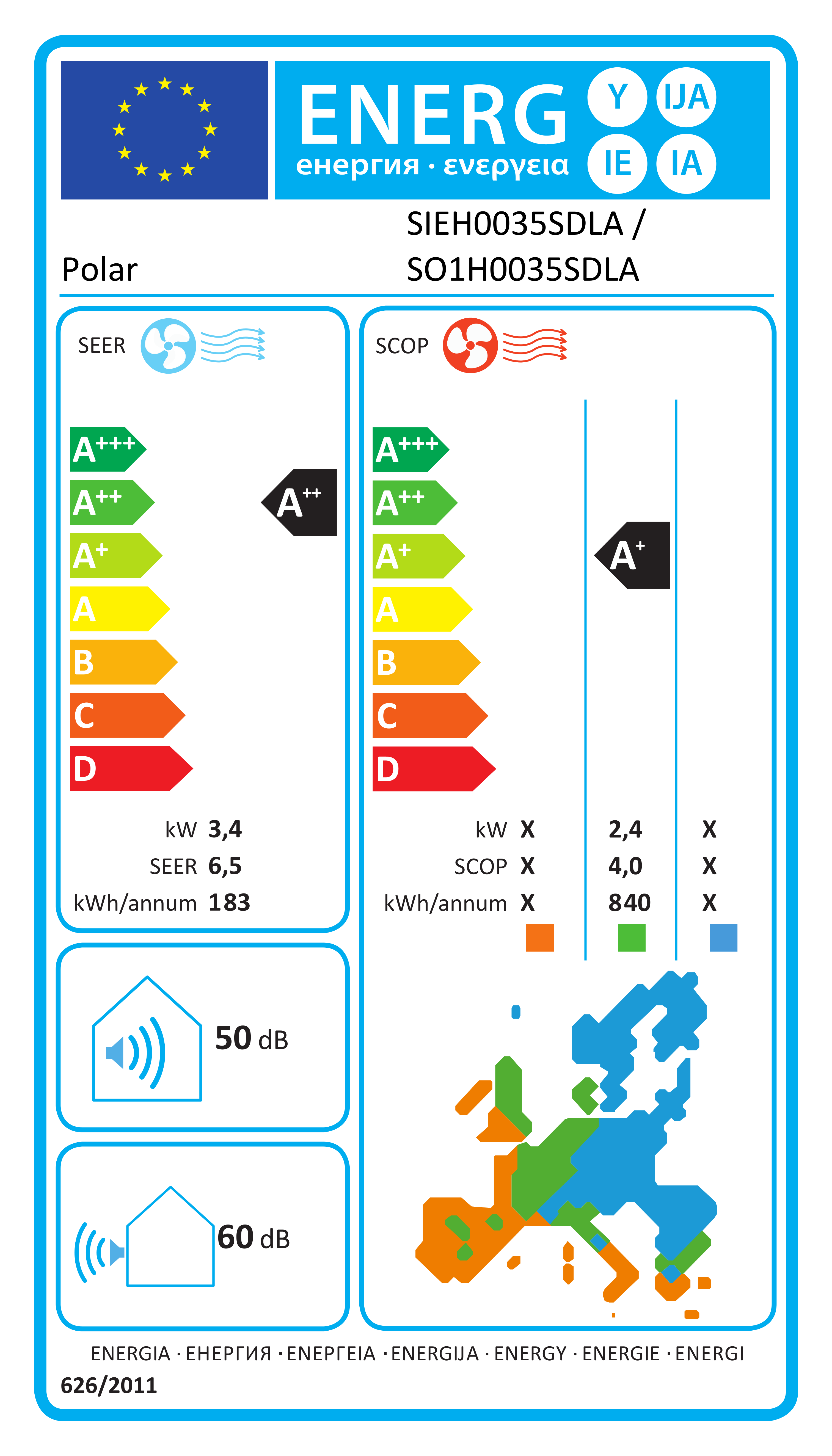 Energiacímke – Polar SIEH0035SDLA / SO1H0035SDLA Lite split klíma szett 3,5 kW, A++ osztály