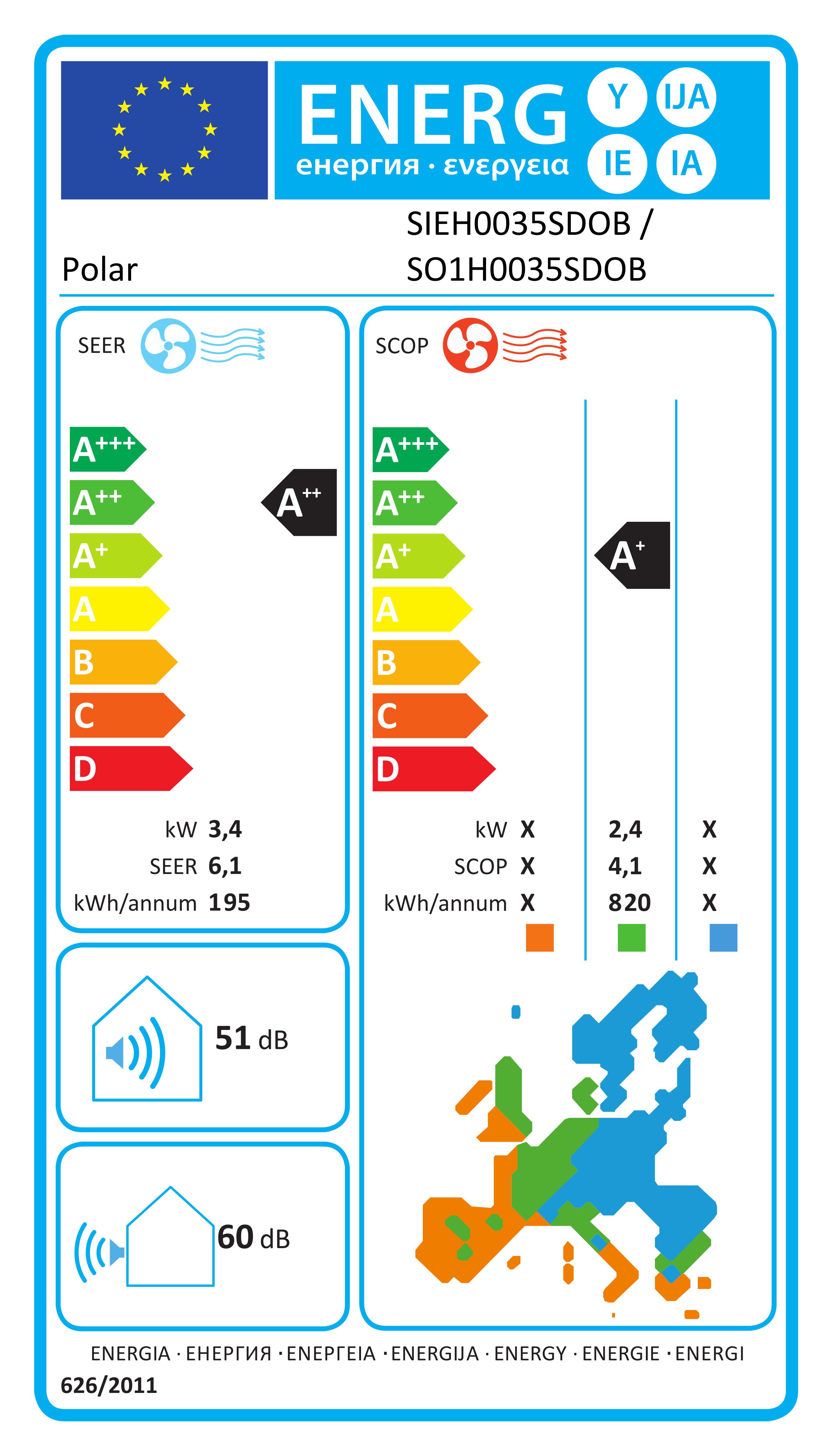 Energiacímke – Polar SIEH0035SDO / SO1H0035SDO Optimum split klíma szett 3,5 kW, A++ osztály