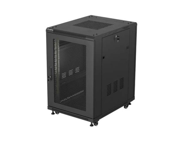 Lanberg FF01-6818-23B 19" 18U SZÉL:600mm MÉLY:800mm MAG:900mm lapraszerelt hálós fémajtós fekete álló rack szekrény