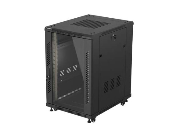 Lanberg FF01-6818-12B 19" 18U SZÉL:600mm MÉLY:800mm MAG:900mm lapraszerelt üvegajtós fekete álló rack szekrény