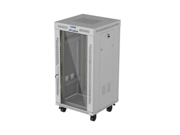 Lanberg F01-6622-12SL 19" 22U SZÉL:600mm MÉLY:600mm MAG:1131mm lapraszerelt LCD üvegajtós szürke álló rack szekrény