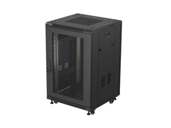 Lanberg FF01-6618-23B 19" 18U SZÉL:600mm MÉLY:600mm MAG:900mm lapraszerelt hálós fémajtós fekete álló rack szekrény