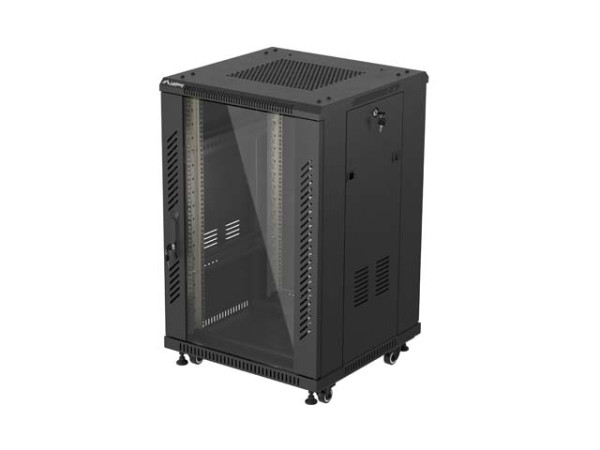 Lanberg FF01-6618-12B 19" 18U SZÉL:600mm MÉLY:600mm MAG:900mm lapraszerelt üvegajtós fekete álló rack szekrény