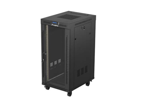 Lanberg FF01-6824-12BL 19" 42U SZÉL:600mm MÉLY:800mm MAG:1320mm lapraszerelt LCD üvegajtós fekete álló rack szekrény
