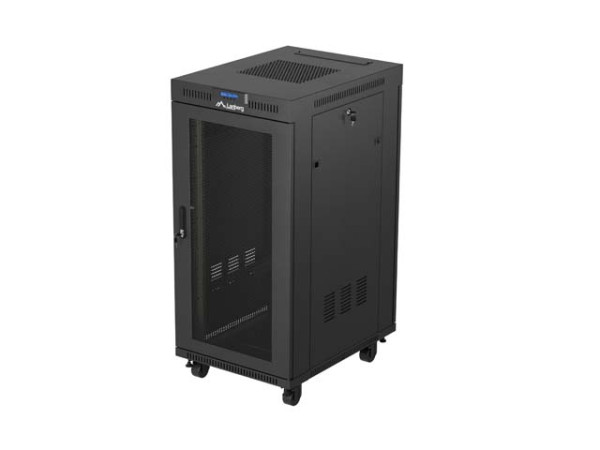 Lanberg FF01-6824-23BL 19" 42U SZÉL:600mm MÉLY:800mm MAG:1320mm lapraszerelt LCD hálós fémajtós fekete álló rack szekrény