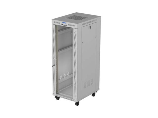 Lanberg FF01-6832-12SL 19" 32U SZÉL:600mm MÉLY:800mm MAG:1677mm lapraszerelt LCD üvegajtós szürke álló rack szekrény