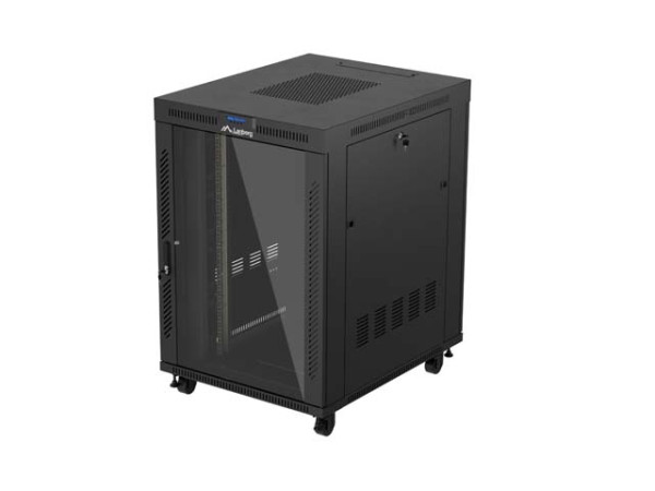 Lanberg FF01-8022-12BL 19" 22U SZÉL:800mm MÉLY:1000mm MAG:1239mm lapraszerelt LCD üvegajtós fekete álló rack szekrény