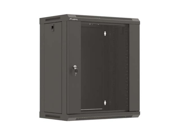 Lanberg WF03-5312-10B 19" 12U SZÉL:540mm MÉLY:350mm MAG:635mm lapraszerelt üvegajtós fekete fali rack szekrény