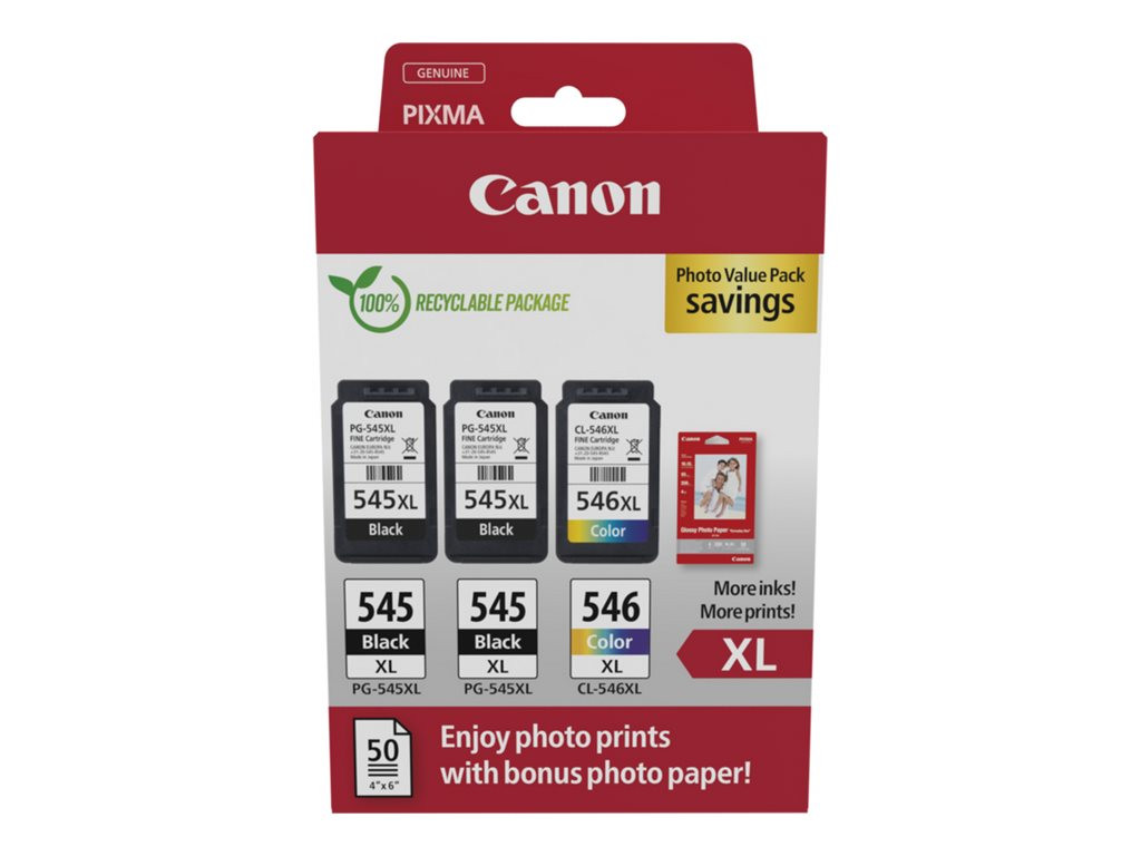 Canon PG-545XLx2 (2x15 ml) + CL-546XL (1x13 ml) + 50 lap GP501 10x15 fényes fotópapír Multipack